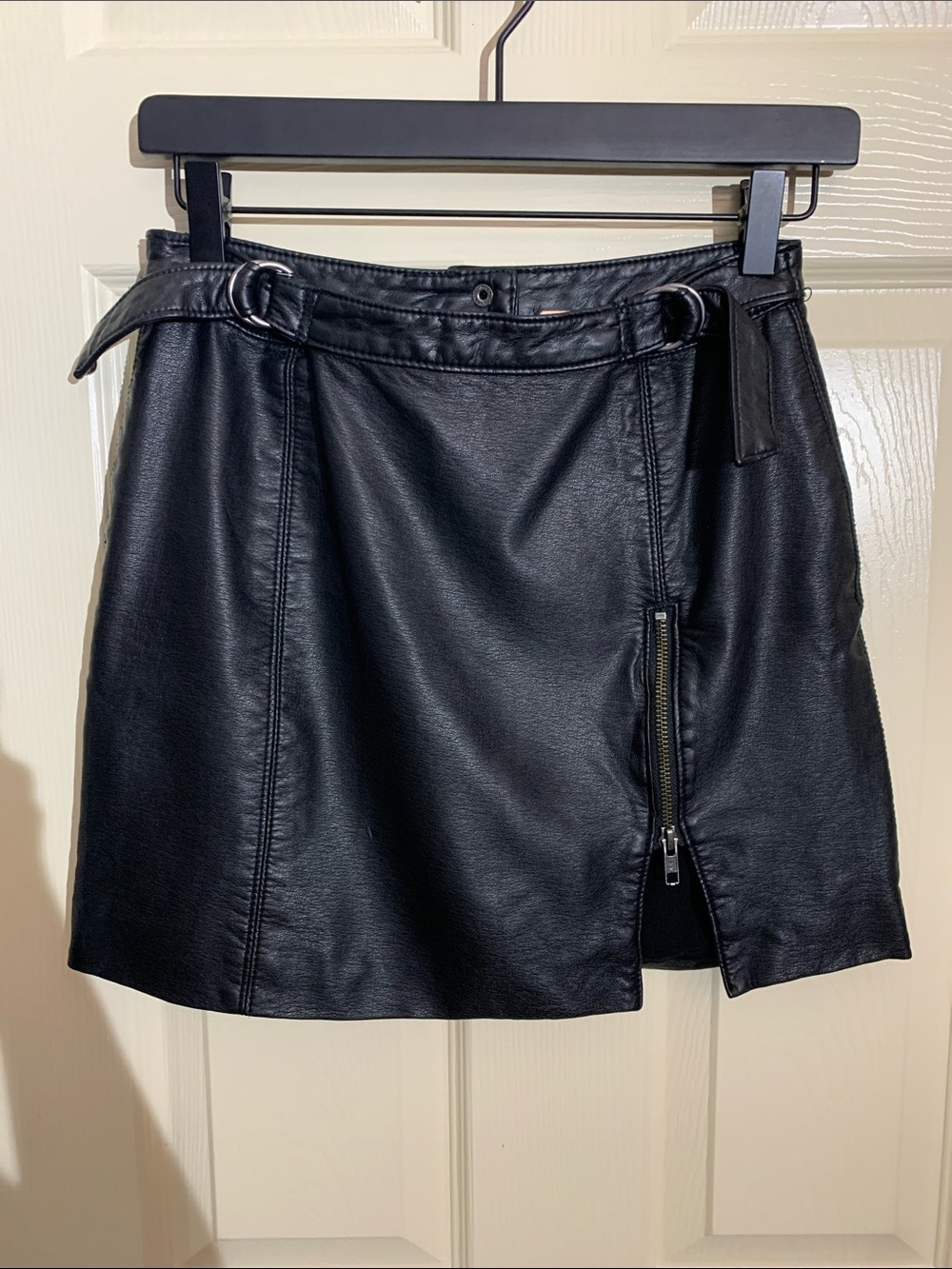 Free People Black Faux Leather Mini Skirt with Front Zip Accent